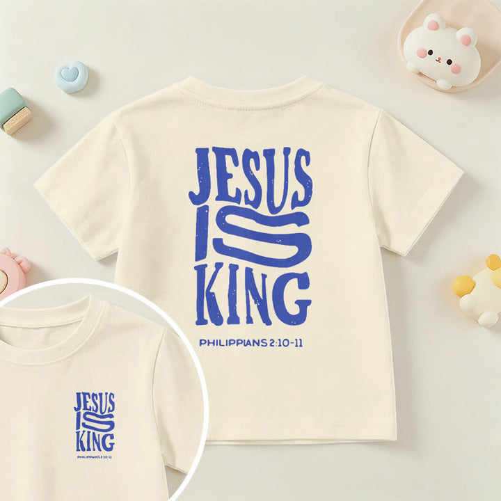 Christianartworkshop "Jesus Is King" Philippians 2:10-11 Distressed Bold Font Front Back Print Kids Short Sleeve T-Shirt - Beige - US/UK/AU 14, EU170 - image 0