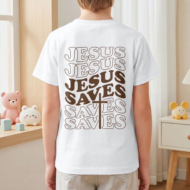 Christianartworkshop Classic "Jesus Saves" Stack Bubble Typography Cross Kids Faith Short Sleeve T-Shirt - image 7