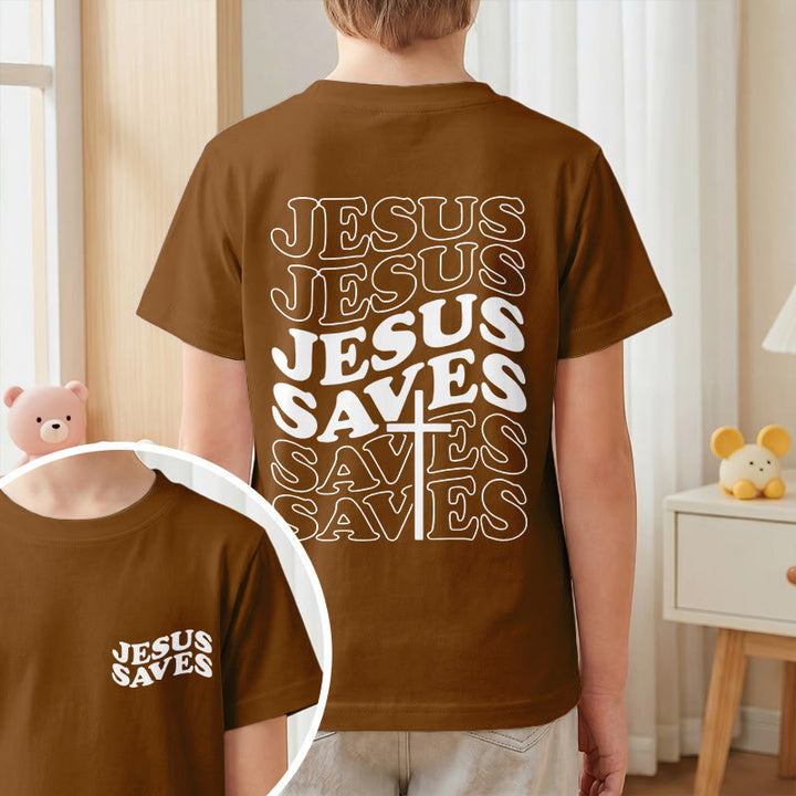 Christianartworkshop Classic "Jesus Saves" Stack Bubble Typography Cross Kids Faith Short Sleeve T-Shirt - image 19