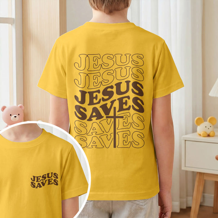 Christianartworkshop Classic "Jesus Saves" Stack Bubble Typography Cross Kids Faith Short Sleeve T-Shirt - image 28