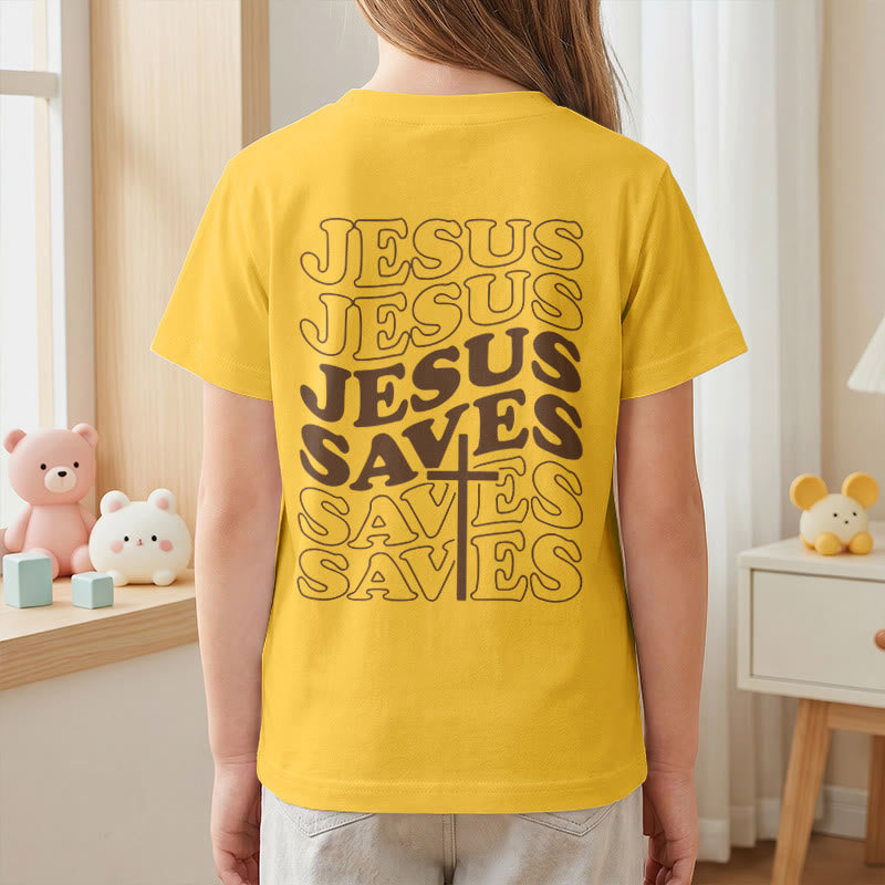 Christianartworkshop Classic "Jesus Saves" Stack Bubble Typography Cross Kids Faith Short Sleeve T-Shirt - image 35