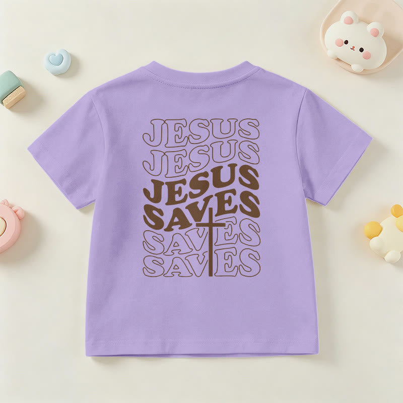 Christianartworkshop Classic "Jesus Saves" Stack Bubble Typography Cross Kids Faith Short Sleeve T-Shirt - image 51