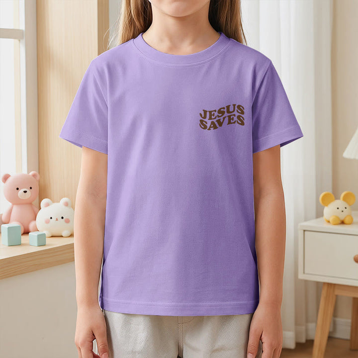 Christianartworkshop Classic "Jesus Saves" Stack Bubble Typography Cross Kids Faith Short Sleeve T-Shirt - image 50