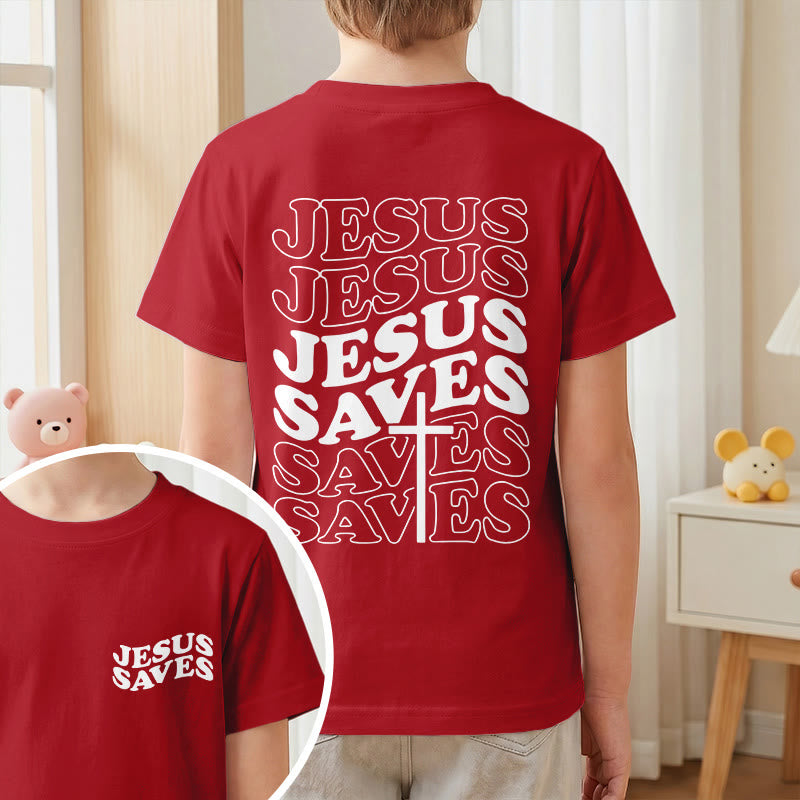 Christianartworkshop Classic "Jesus Saves" Stack Bubble Typography Cross Kids Faith Short Sleeve T-Shirt - image 55
