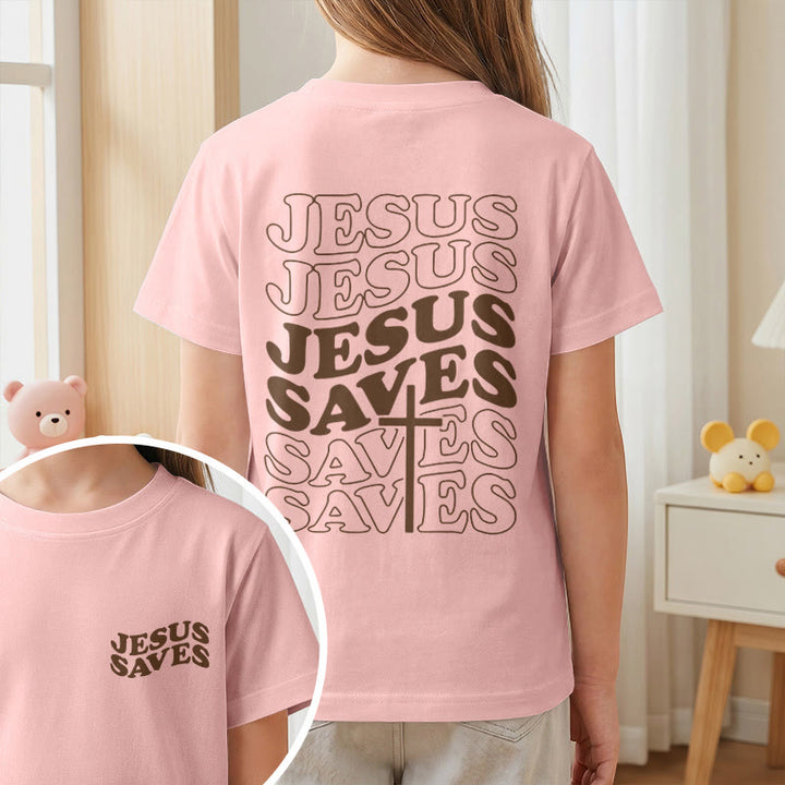 Christianartworkshop Classic "Jesus Saves" Stack Bubble Typography Cross Kids Faith Short Sleeve T-Shirt - image 65