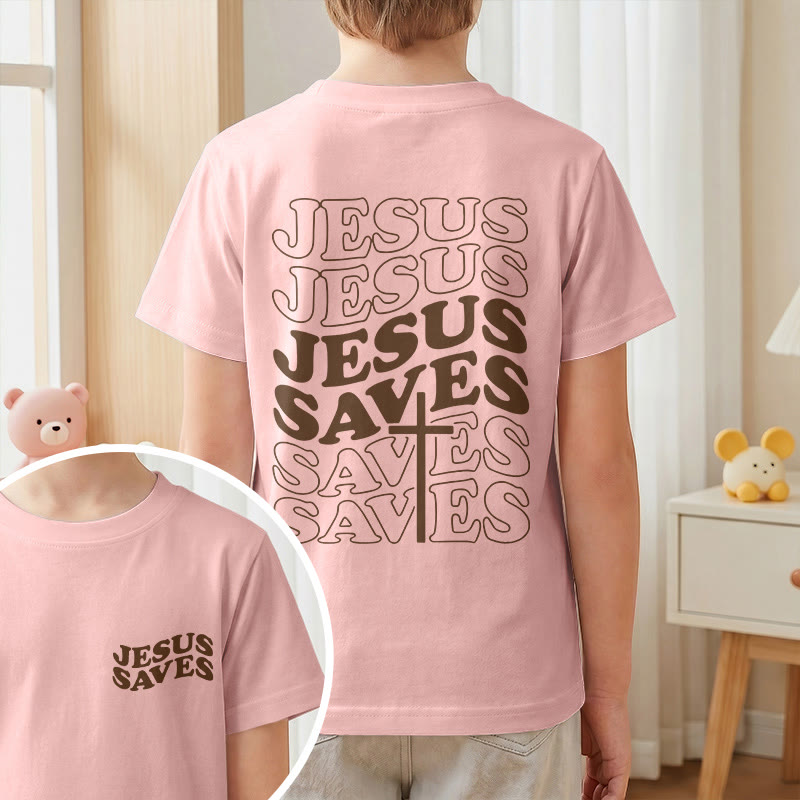 Christianartworkshop Classic "Jesus Saves" Stack Bubble Typography Cross Kids Faith Short Sleeve T-Shirt - image 64