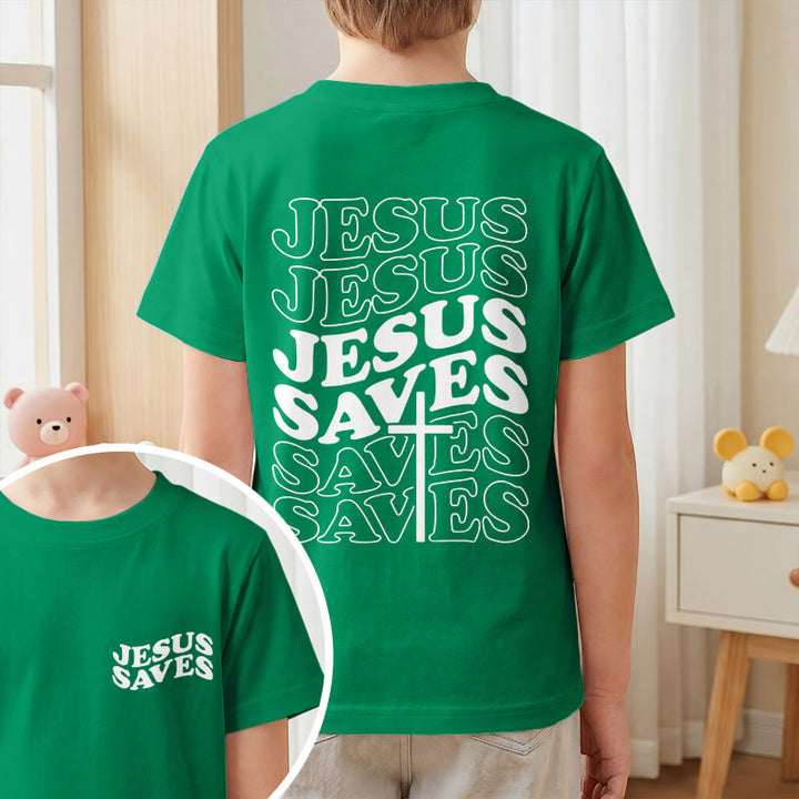 Christianartworkshop Classic "Jesus Saves" Stack Bubble Typography Cross Kids Faith Short Sleeve T-Shirt - image 73