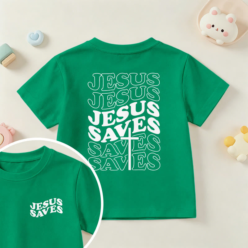 Christianartworkshop Classic "Jesus Saves" Stack Bubble Typography Cross Kids Faith Short Sleeve T-Shirt - Green - US/UK/AU 14, EU170 - image 72