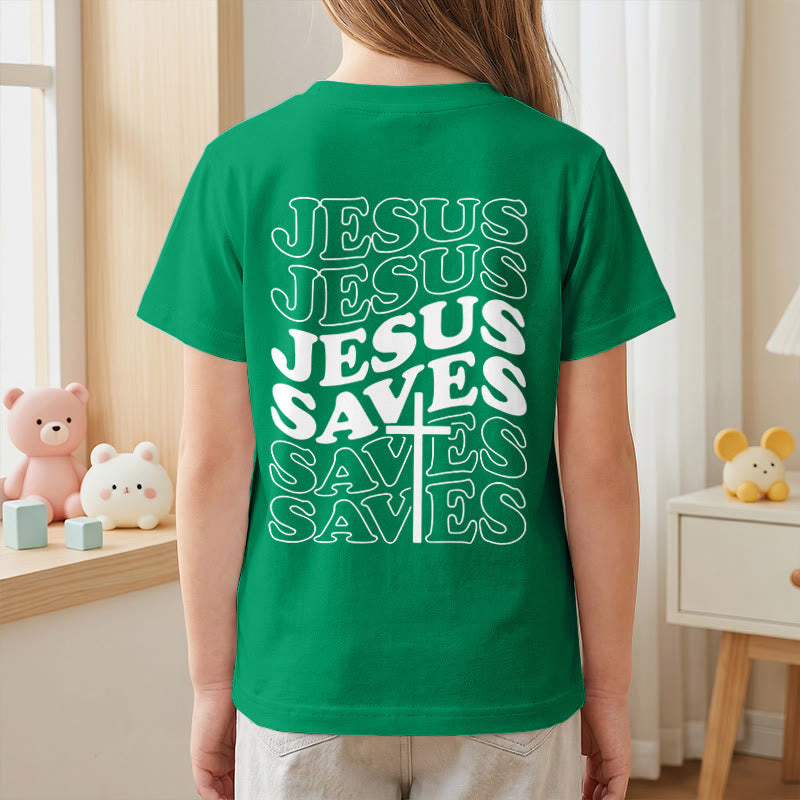 Christianartworkshop Classic "Jesus Saves" Stack Bubble Typography Cross Kids Faith Short Sleeve T-Shirt - image 80