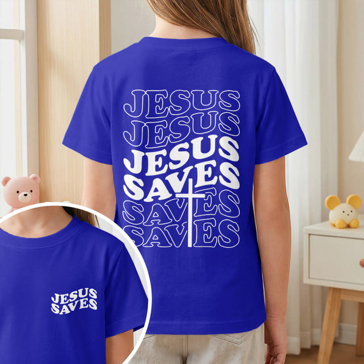Christianartworkshop Classic "Jesus Saves" Stack Bubble Typography Cross Kids Faith Short Sleeve T-Shirt - image 83