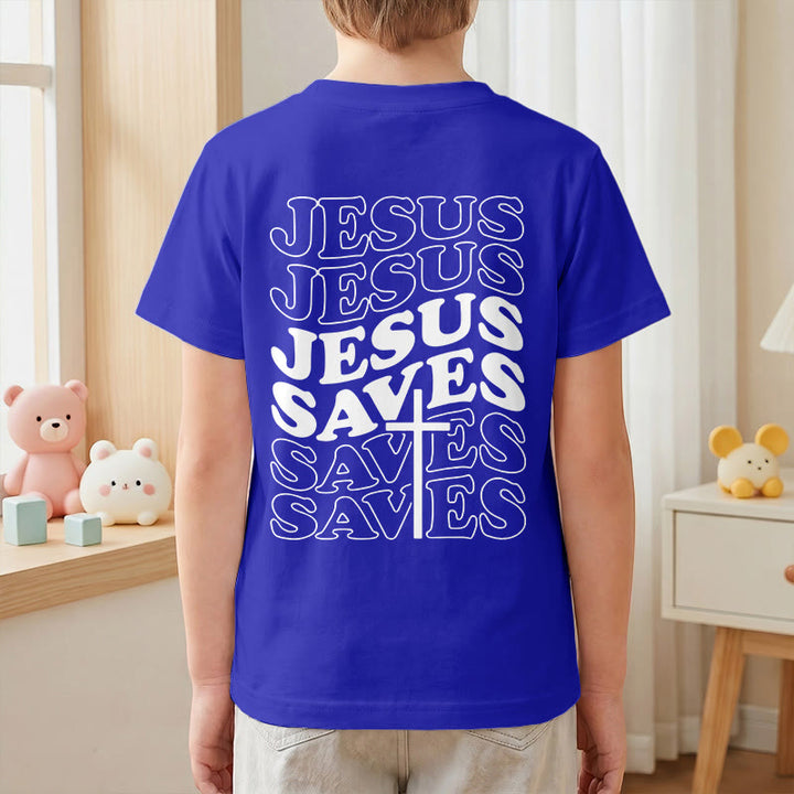 Christianartworkshop Classic "Jesus Saves" Stack Bubble Typography Cross Kids Faith Short Sleeve T-Shirt - image 88