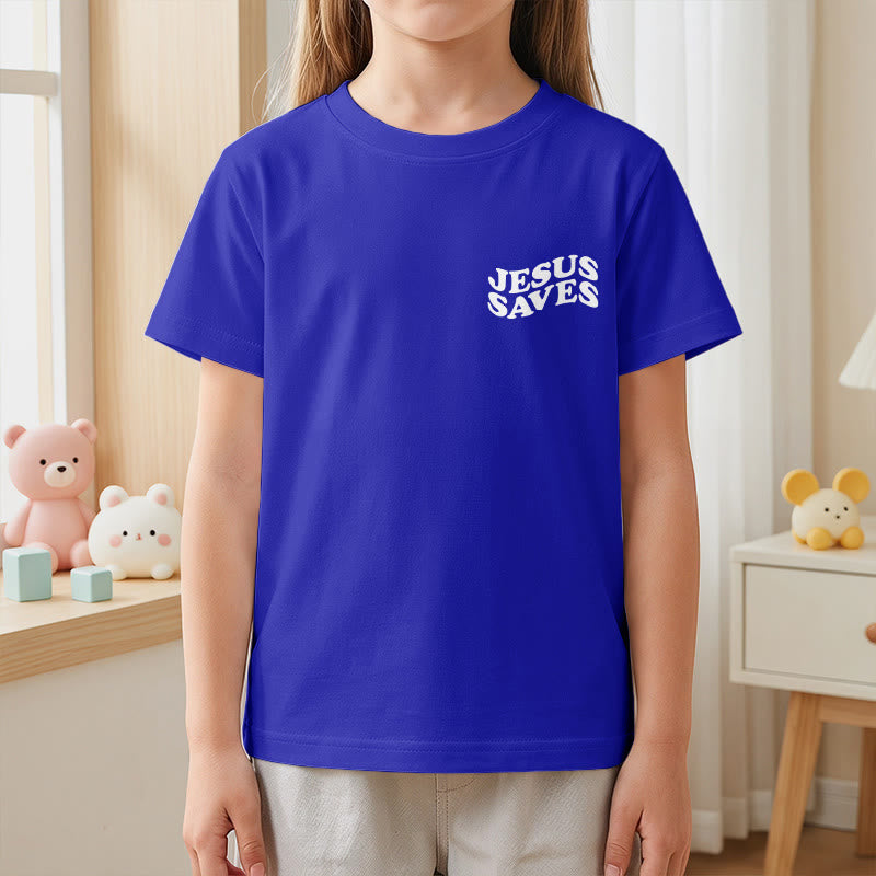 Christianartworkshop Classic "Jesus Saves" Stack Bubble Typography Cross Kids Faith Short Sleeve T-Shirt - image 86