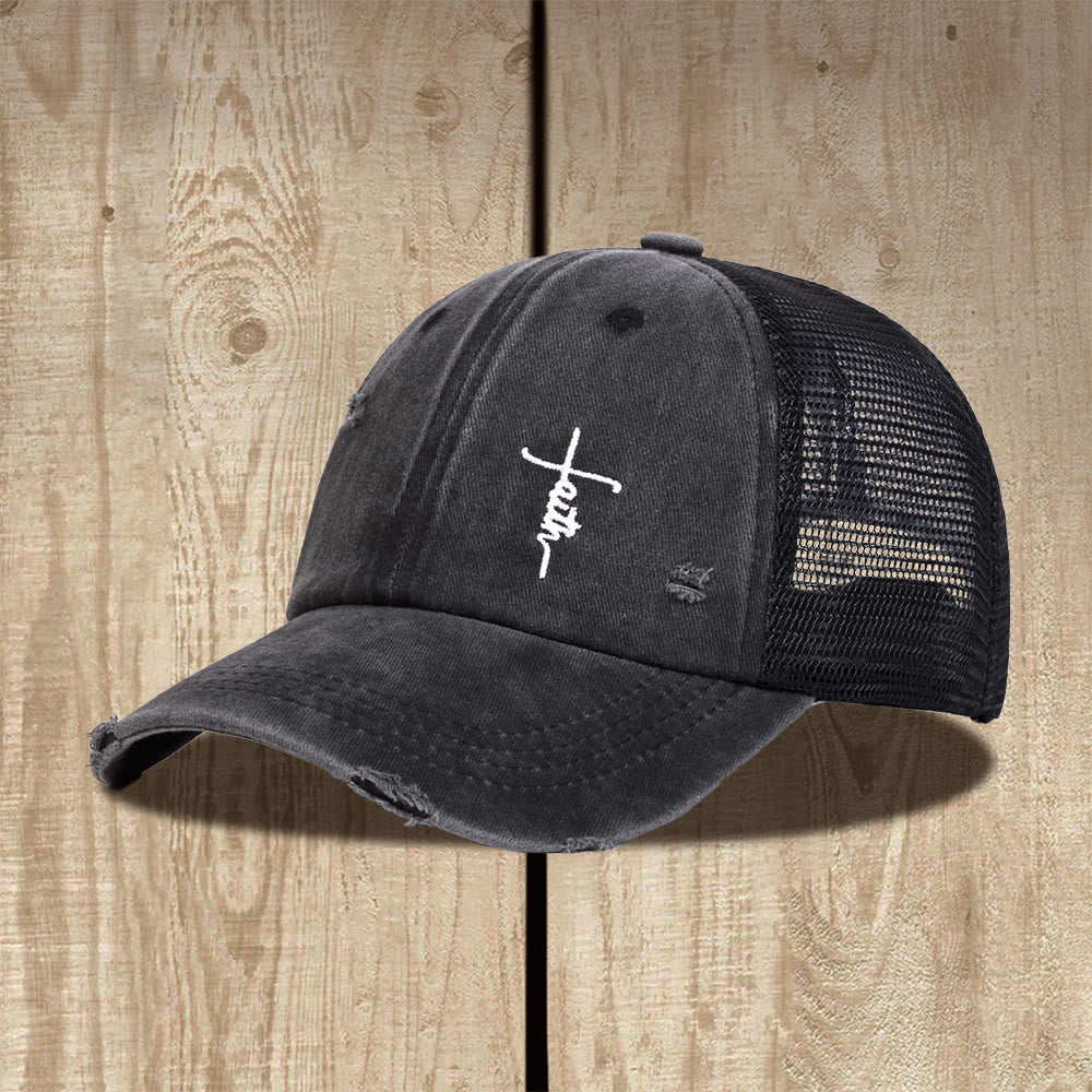Christianartworkshop Faith Cross Cursive Embroidery Distressed Mesh Back Unisex Trucker Cap - Dark Gray - image 0