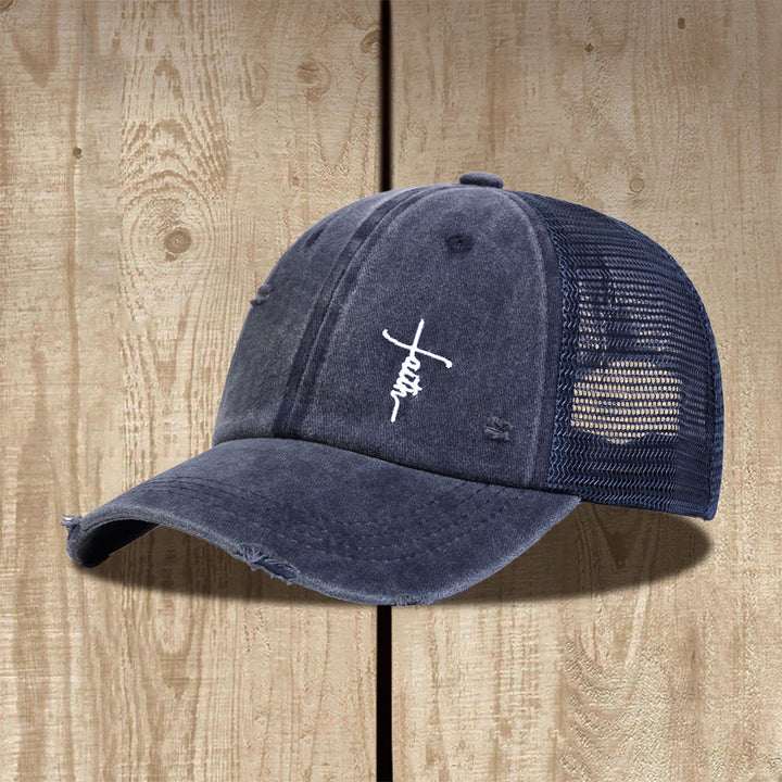 Christianartworkshop Faith Cross Cursive Embroidery Distressed Mesh Back Unisex Trucker Cap - Navy Blue - image 2