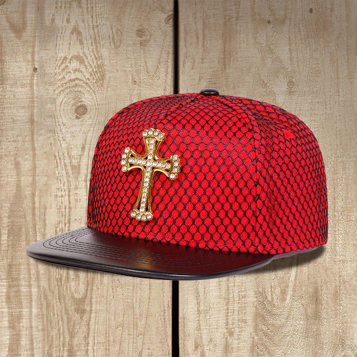 Christianartworkshop Cross Ornament Honeycomb Mesh Flat Brim Unisex Snapback Cap - Red - image 4