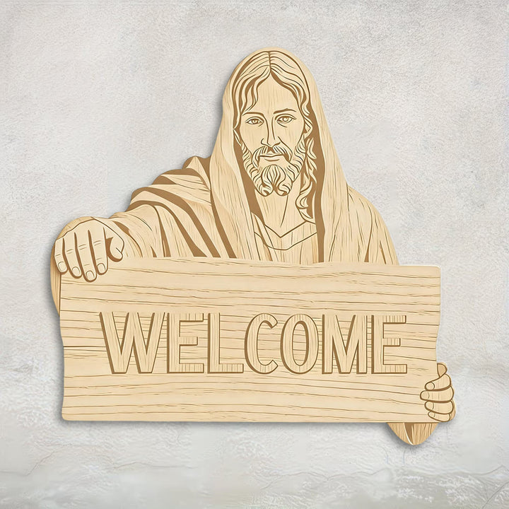 Christianartworkshop Natural Wood Wall Hanging with Printed Jesus WELCOME Plaque: A Reminder of Open Arms - image 1