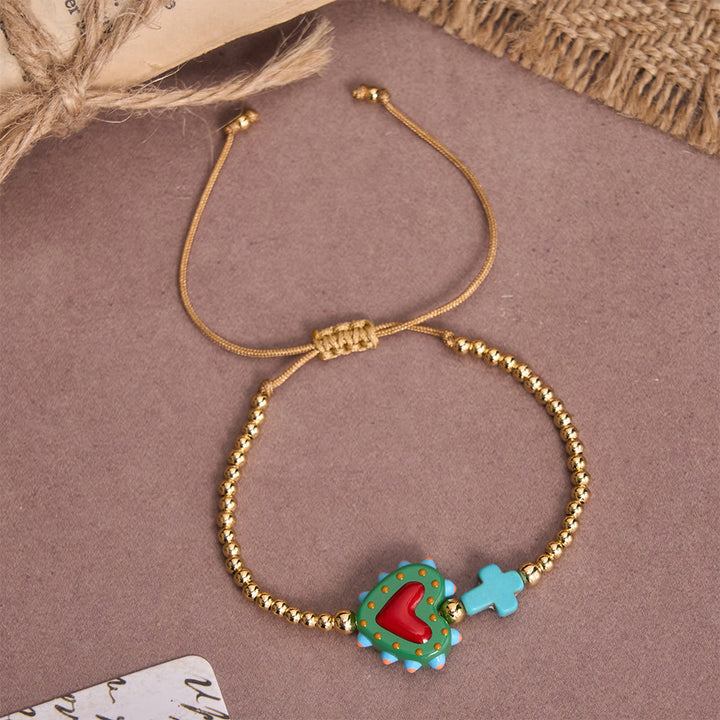 Christianartworkshop Cartoon Style Hand-Decorated Sacred Heart & Tiny Cross Accent Gold Bead Adjustable Cord Bracelet - F - image 12