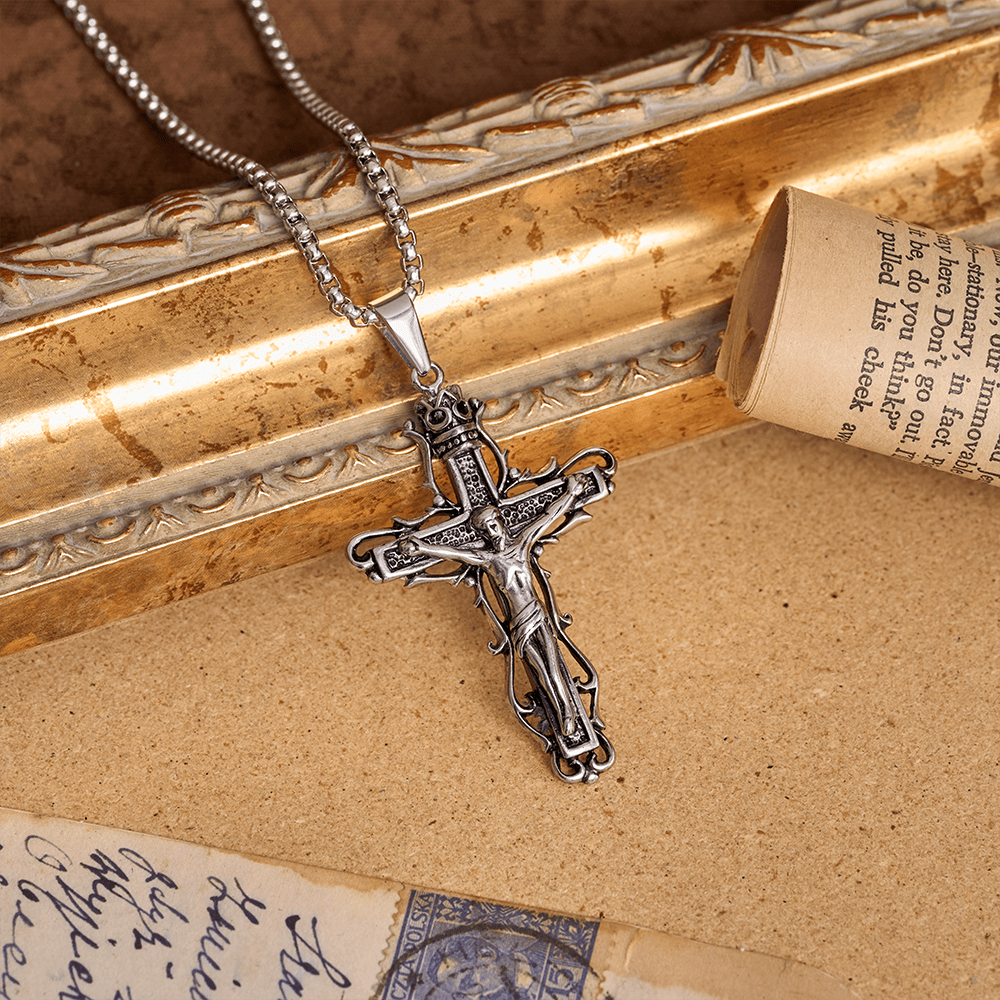 Christianartworkshop Vintage Crown Top Thorn Trim Crucifix Pendant with Detailed Corpus & Classic Box Chain Necklace - Silver - image 0