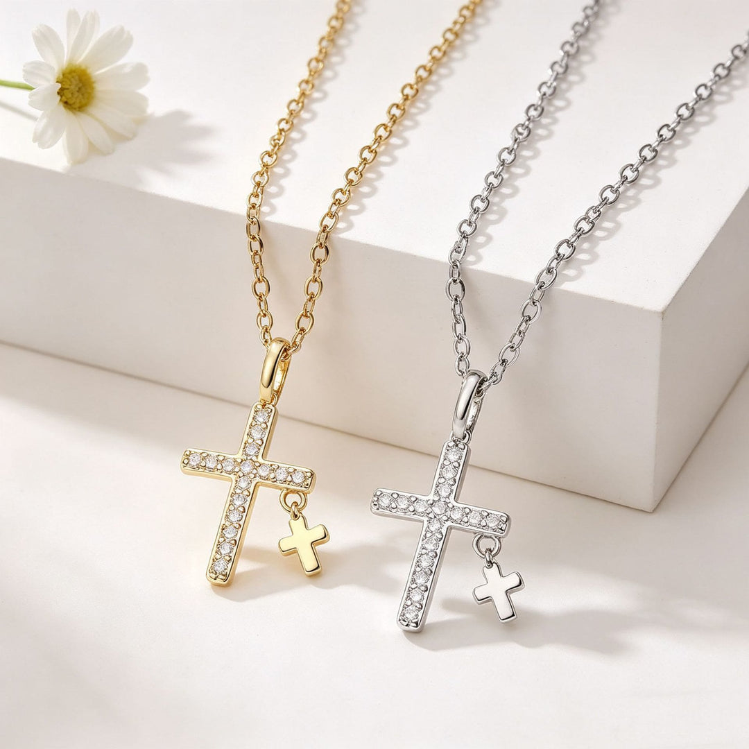 Christianartworkshop Pave Zircon Inlaid Large Cross Pendant with Solid Mini Dangling Cross & Classic Cable Chain Necklace - image 0
