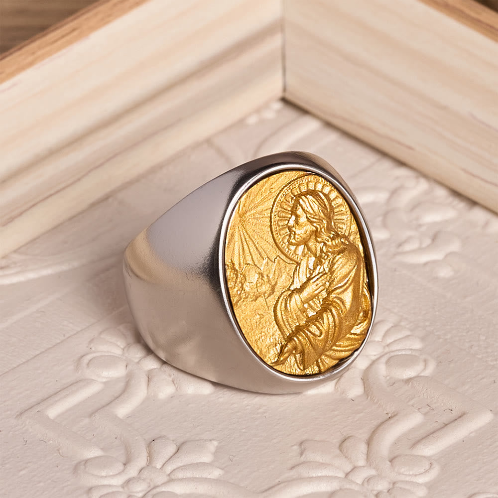 Christianartworkshop Two-Tone Bezel Oval Embossed Sacred Portrait Signet Ring: A Symbol of Gentle Heavenly Grace & Blessed Safeguard - image 5