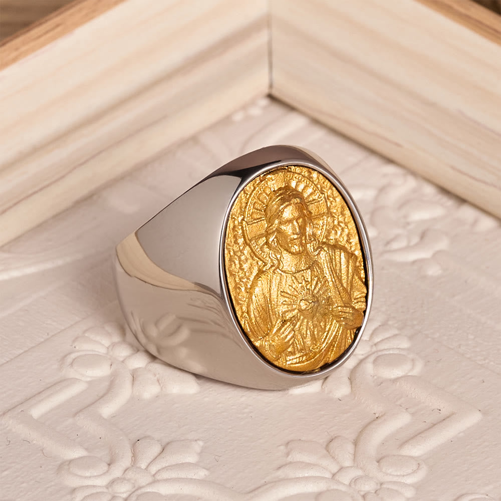 Christianartworkshop Two-Tone Bezel Oval Embossed Sacred Portrait Signet Ring: A Symbol of Gentle Heavenly Grace & Blessed Safeguard - image 26