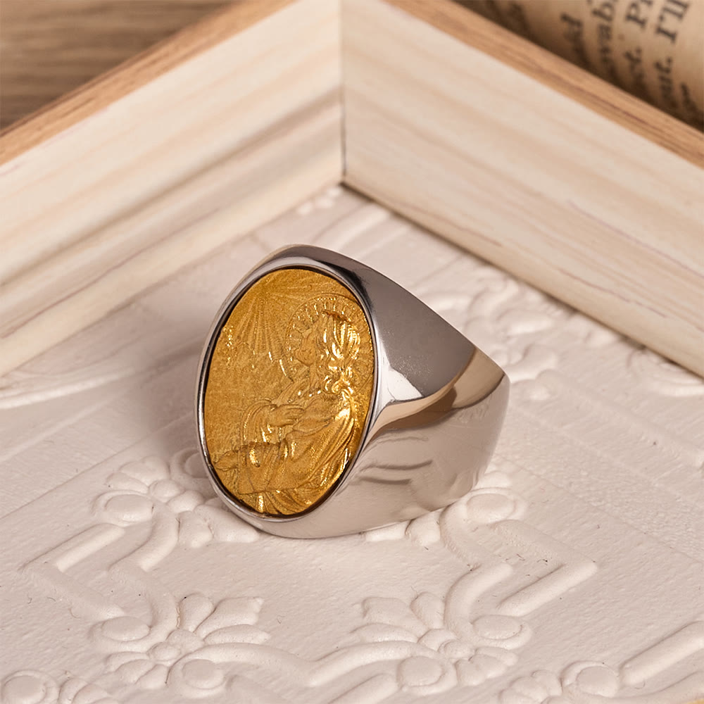 Christianartworkshop Two-Tone Bezel Oval Embossed Sacred Portrait Signet Ring: A Symbol of Gentle Heavenly Grace & Blessed Safeguard - image 6