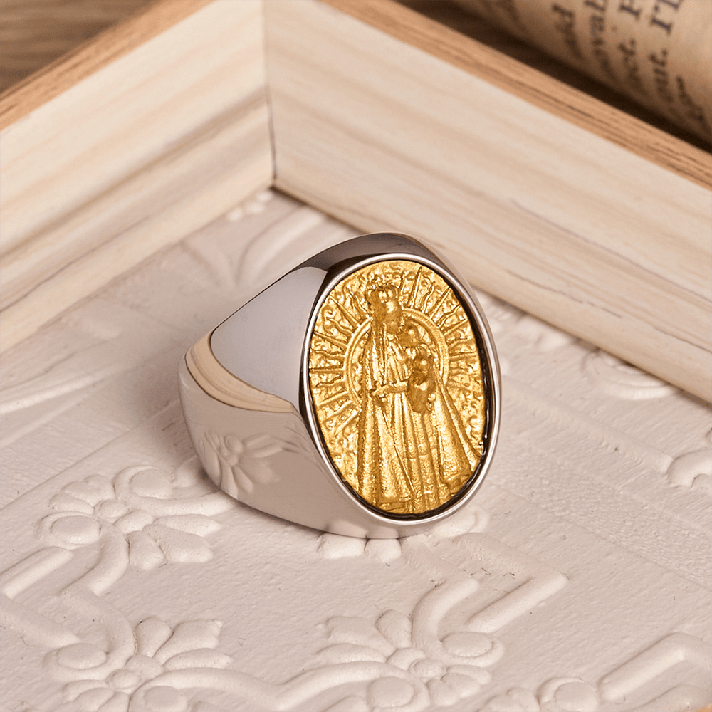 Christianartworkshop Two-Tone Bezel Oval Embossed Sacred Portrait Signet Ring: A Symbol of Gentle Heavenly Grace & Blessed Safeguard - image 2
