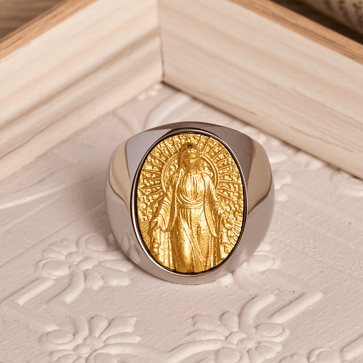 Christianartworkshop Two-Tone Bezel Oval Embossed Sacred Portrait Signet Ring: A Symbol of Gentle Heavenly Grace & Blessed Safeguard - F - US 13 - image 16