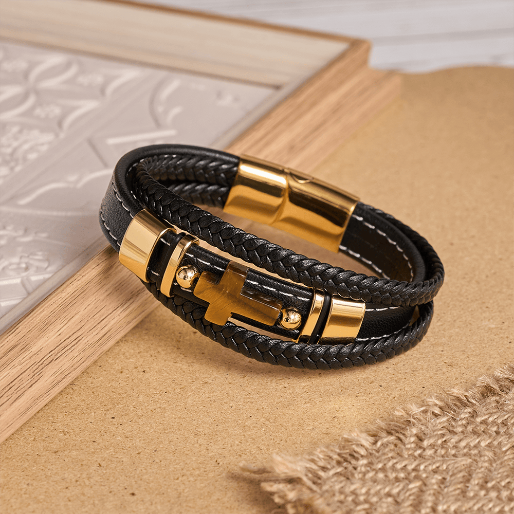Christianartworkshop Dual-Cord Braided Stitched Leather Bracelet with Polished Stone Cross & Dual Metal Side Bead Details - image 7