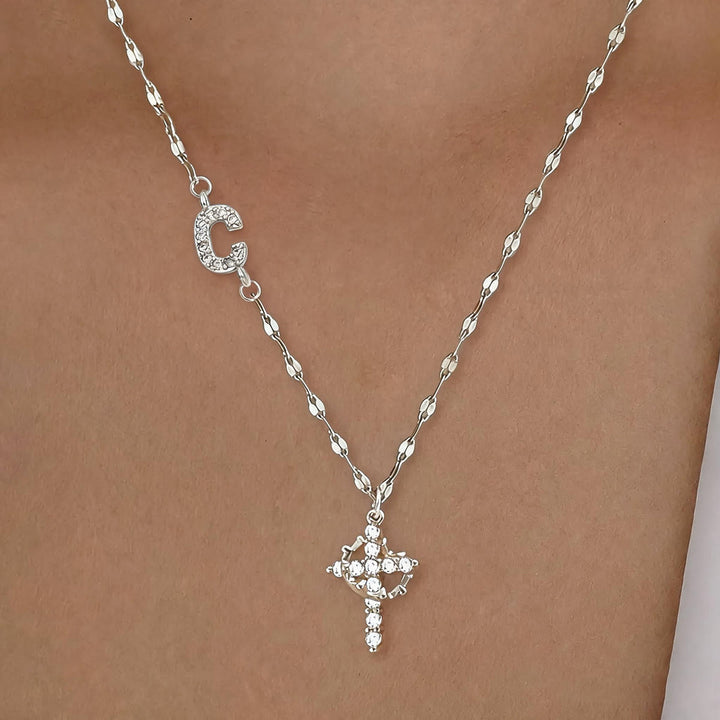 Christianartworkshop Golden & Silver-Tone Personalized A-Z Initial Crown Cross Necklace: Custom Sacred Faith Monogram Pendant Jewelry - C - Silver - image 31