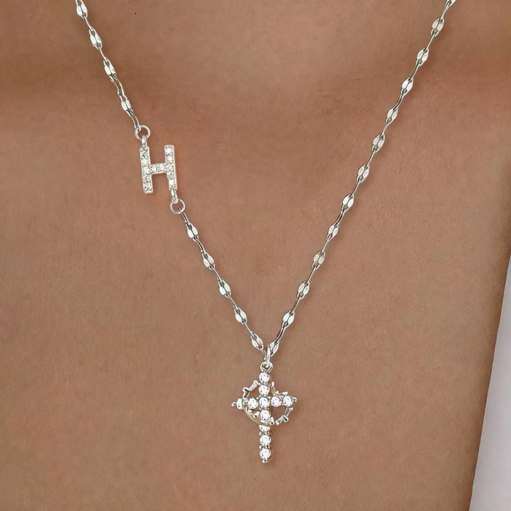 Christianartworkshop Golden & Silver-Tone Personalized A-Z Initial Crown Cross Necklace: Custom Sacred Faith Monogram Pendant Jewelry - H - Silver - image 37