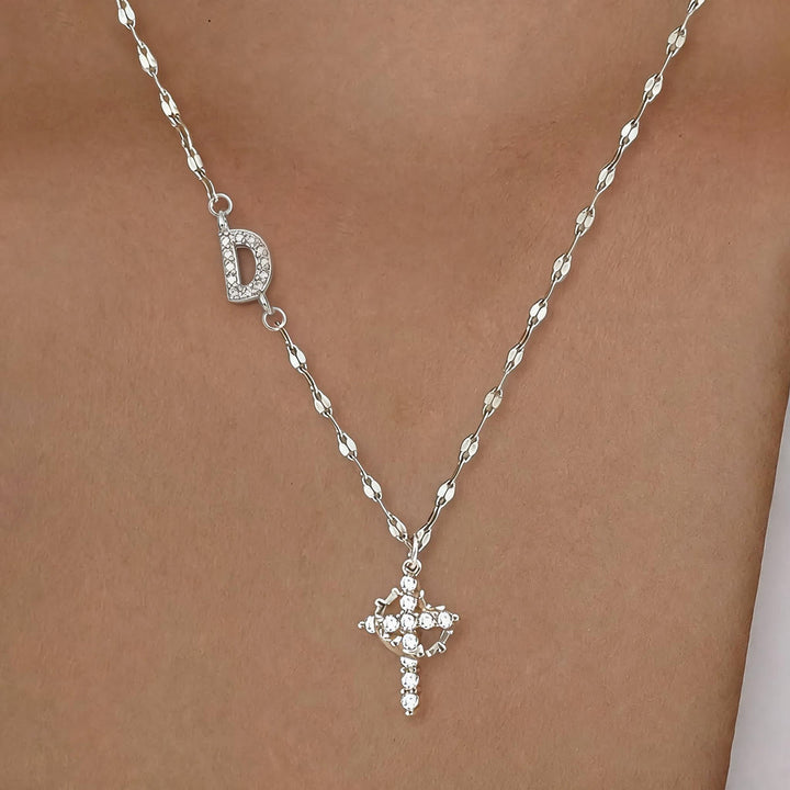 Christianartworkshop Golden & Silver-Tone Personalized A-Z Initial Crown Cross Necklace: Custom Sacred Faith Monogram Pendant Jewelry - D - Silver - image 32