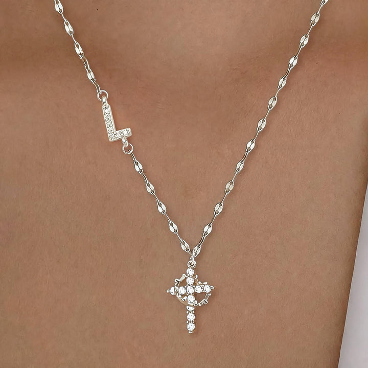 Christianartworkshop Golden & Silver-Tone Personalized A-Z Initial Crown Cross Necklace: Custom Sacred Faith Monogram Pendant Jewelry - L - Silver - image 41