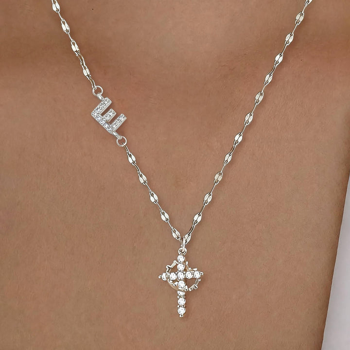 Christianartworkshop Golden & Silver-Tone Personalized A-Z Initial Crown Cross Necklace: Custom Sacred Faith Monogram Pendant Jewelry - E - Silver - image 34
