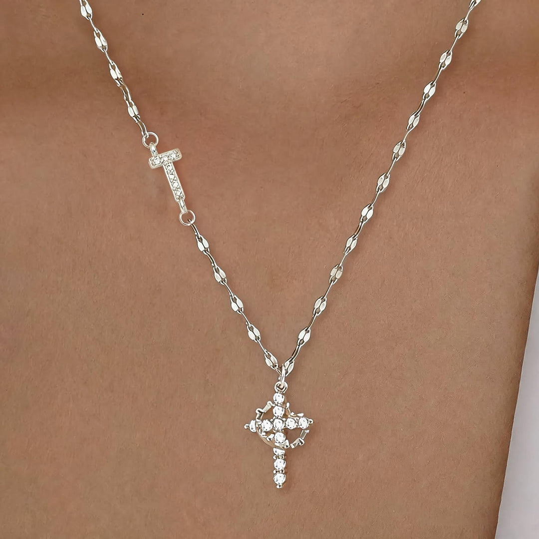 Christianartworkshop Golden & Silver-Tone Personalized A-Z Initial Crown Cross Necklace: Custom Sacred Faith Monogram Pendant Jewelry - T - Silver - image 49