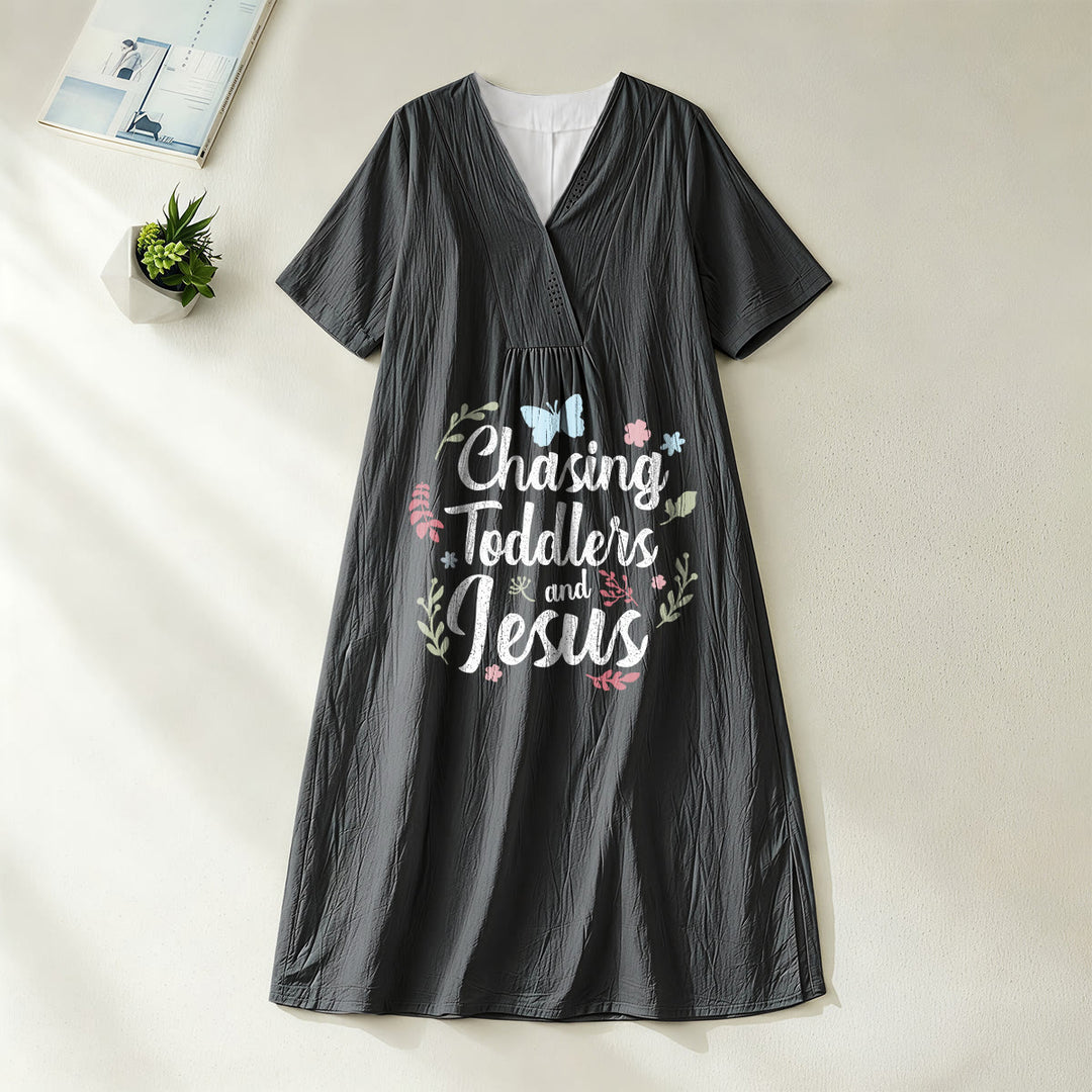 Christianartworkshop "Chasing Toddlers and Jesus" Floral & Butterfly Print V-Neck Short Sleeve Midi Dress - Black - 4XL - image 0