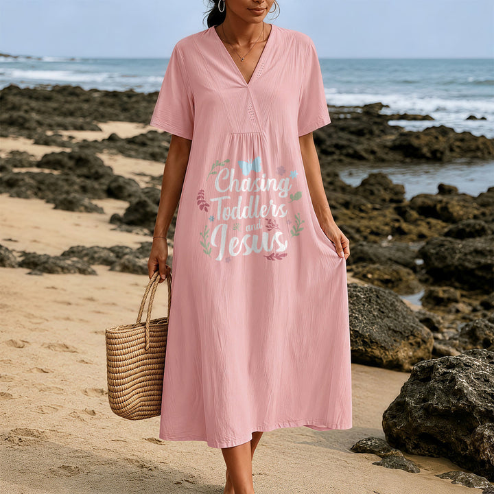 Christianartworkshop "Chasing Toddlers and Jesus" Floral & Butterfly Print V-Neck Short Sleeve Midi Dress - image 11