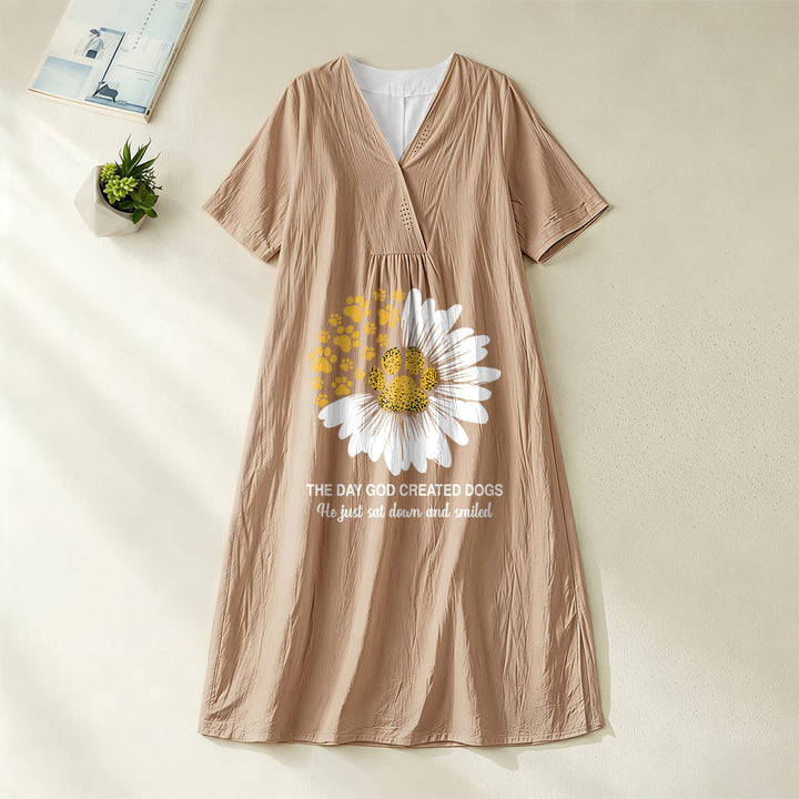 Christianartworkshop "The Day God Created Dogs" Daisy & Paw Print V-Neck Short Sleeve Midi Dress - Khaki - 4XL - image 9