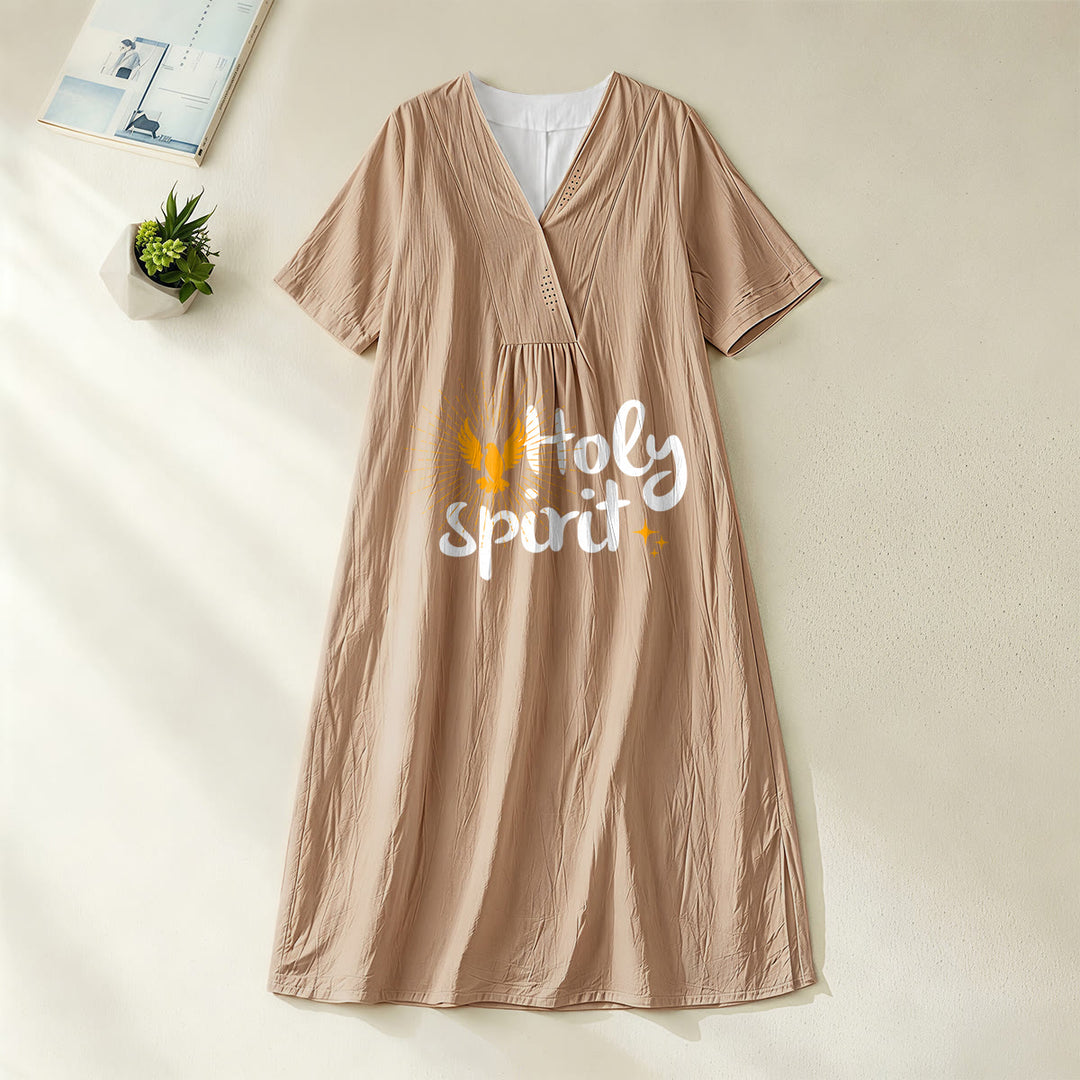 Christianartworkshop "Holy Spirit" Dove & Sunburst Print V-Neck Short Sleeve Midi Dress - Khaki - 4XL - image 8