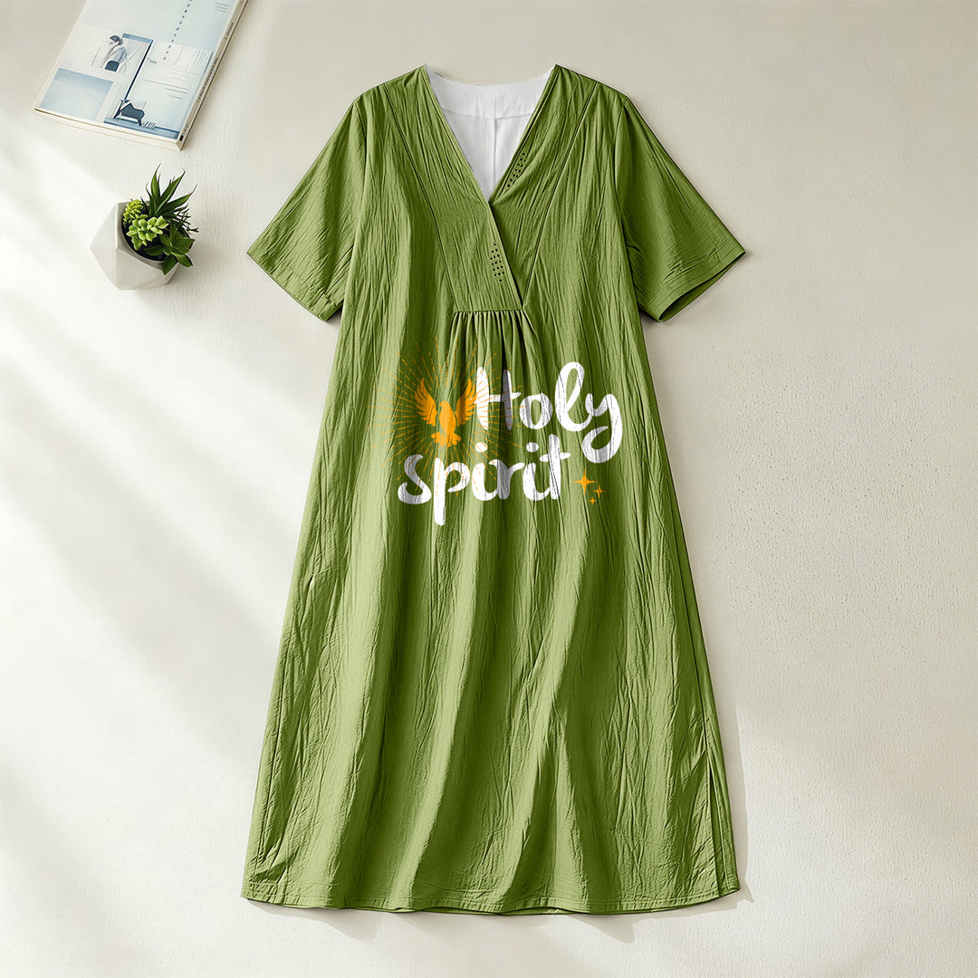 Christianartworkshop "Holy Spirit" Dove & Sunburst Print V-Neck Short Sleeve Midi Dress - Olive Green - 4XL - image 6