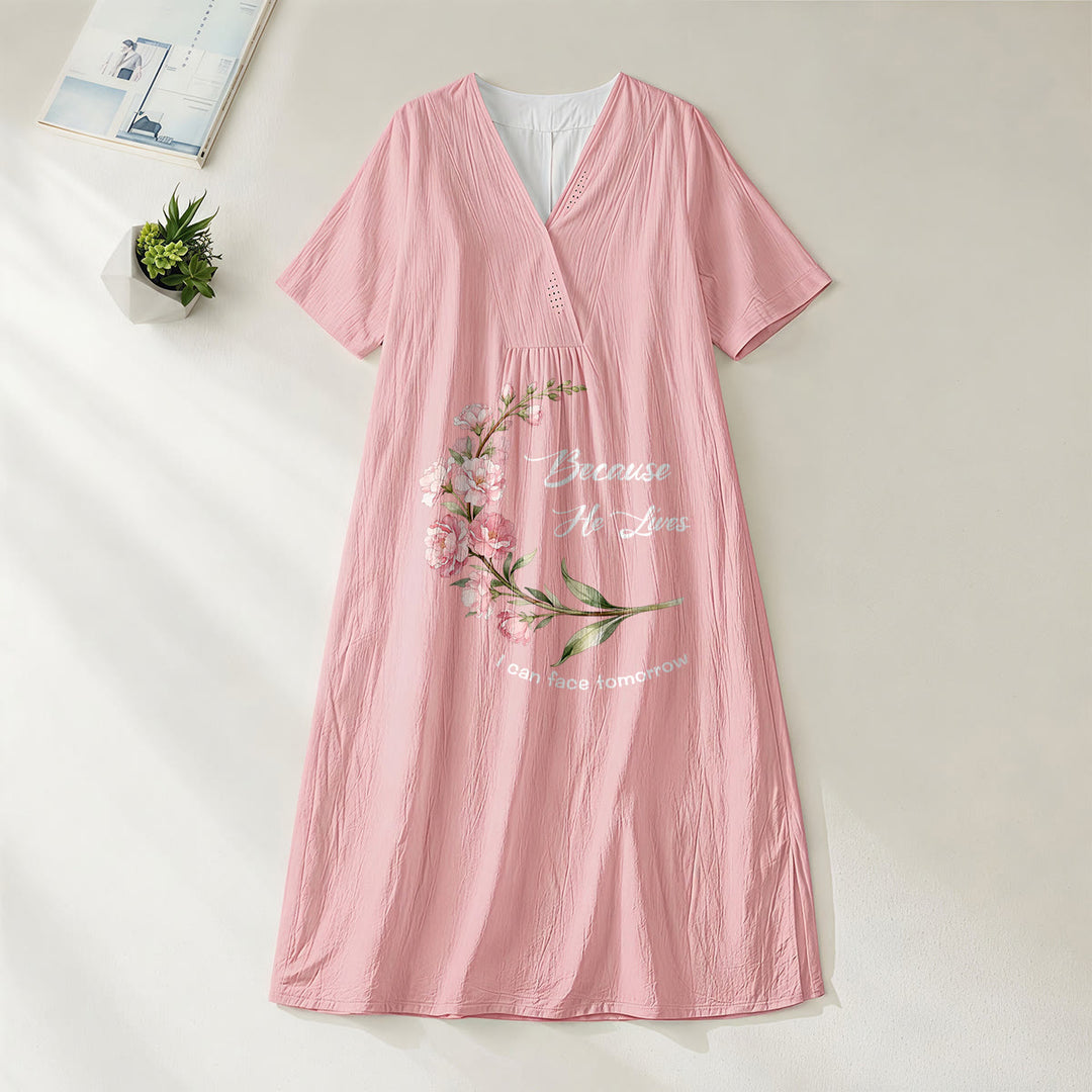 Christianartworkshop "Because He Lives I Can Face Tomorrow" Floral Branch Print V-Neck Short Sleeve Midi Dress - Pink - 4XL - image 0