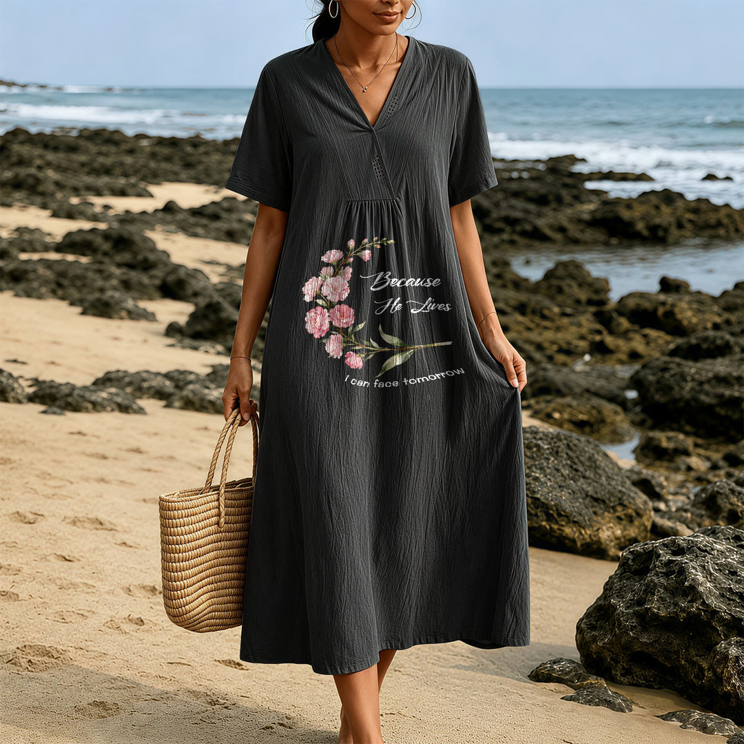 Christianartworkshop "Because He Lives I Can Face Tomorrow" Floral Branch Print V-Neck Short Sleeve Midi Dress - image 3