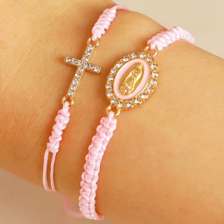 Christianartworkshop Dual Braided Cord Bracelet Set with Zircon-Encrusted Cross & Rhinestone Halo Our Lady Medal - Pink - image 3