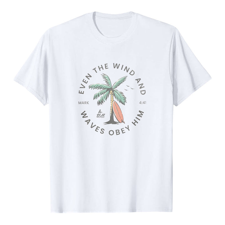 Christianartworkshop Mark 4:41 "Even The Wind And Waves Obey Him" Beach Graphic Premium Short Sleeve T-Shirt - White - 2XL - image 1