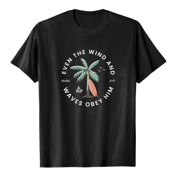 Christianartworkshop Mark 4:41 "Even The Wind And Waves Obey Him" Beach Graphic Premium Short Sleeve T-Shirt - Black - 2XL - image 3