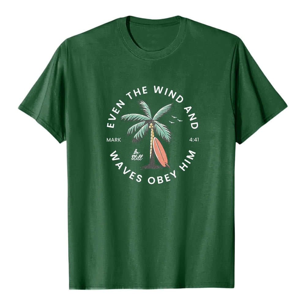 Christianartworkshop Mark 4:41 "Even The Wind And Waves Obey Him" Beach Graphic Premium Short Sleeve T-Shirt - Dark Green - 2XL - image 0