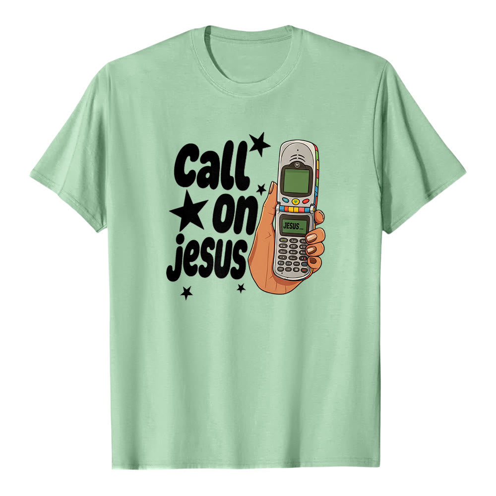 Christianartworkshop "Call On Jesus" Retro Flip Phone Graphic Premium Short Sleeve T-Shirt - Light Green - 2XL - image 6