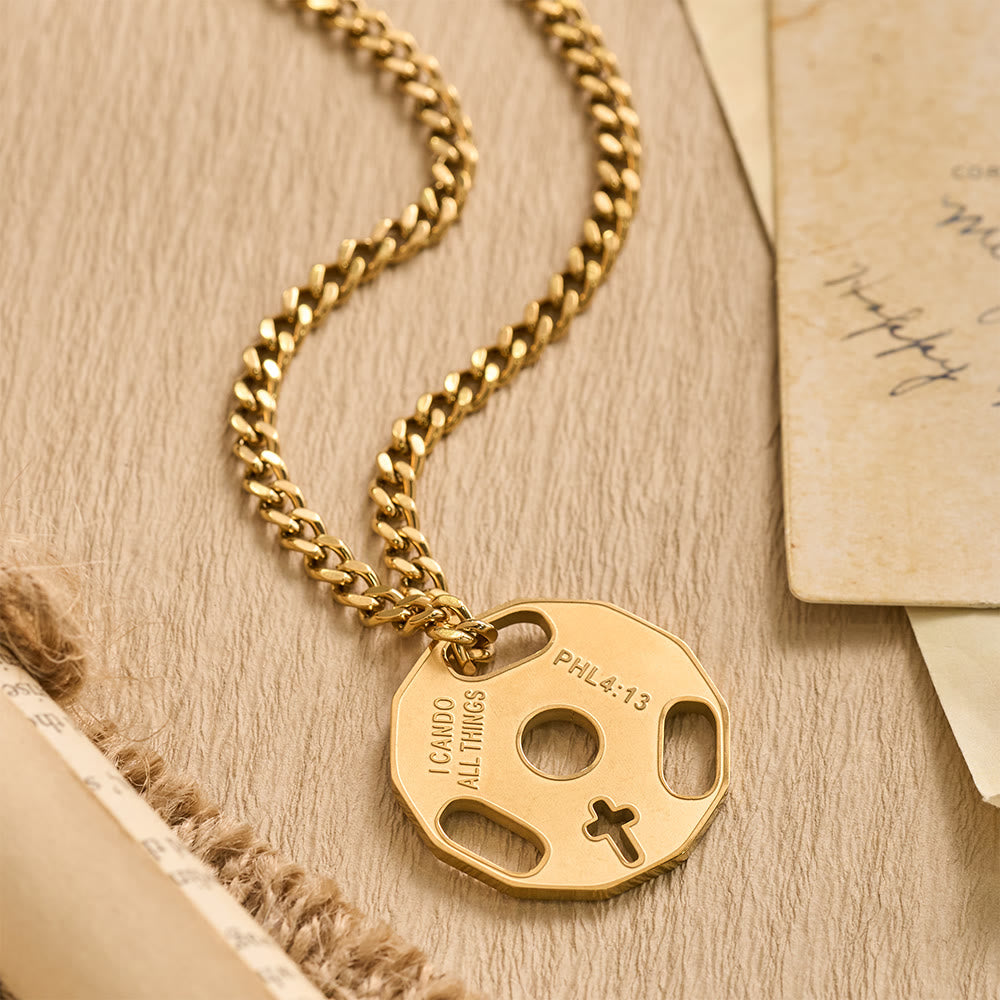 Christianartworkshop Sporty Fitness Gym Dumbbell Necklace with Openwork Cross: A Reminder of Divine Strength - Golden - image 5