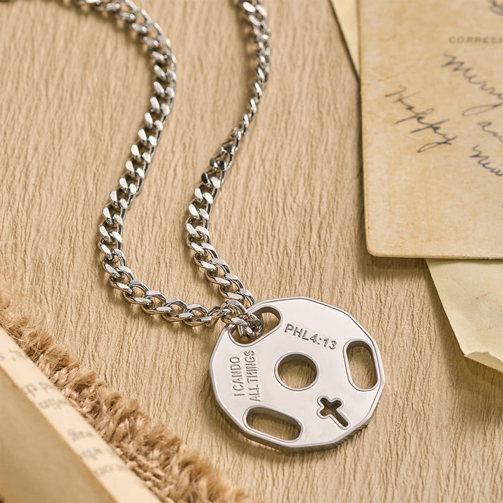 Christianartworkshop Sporty Fitness Gym Dumbbell Necklace with Openwork Cross: A Reminder of Divine Strength - Silver - image 1