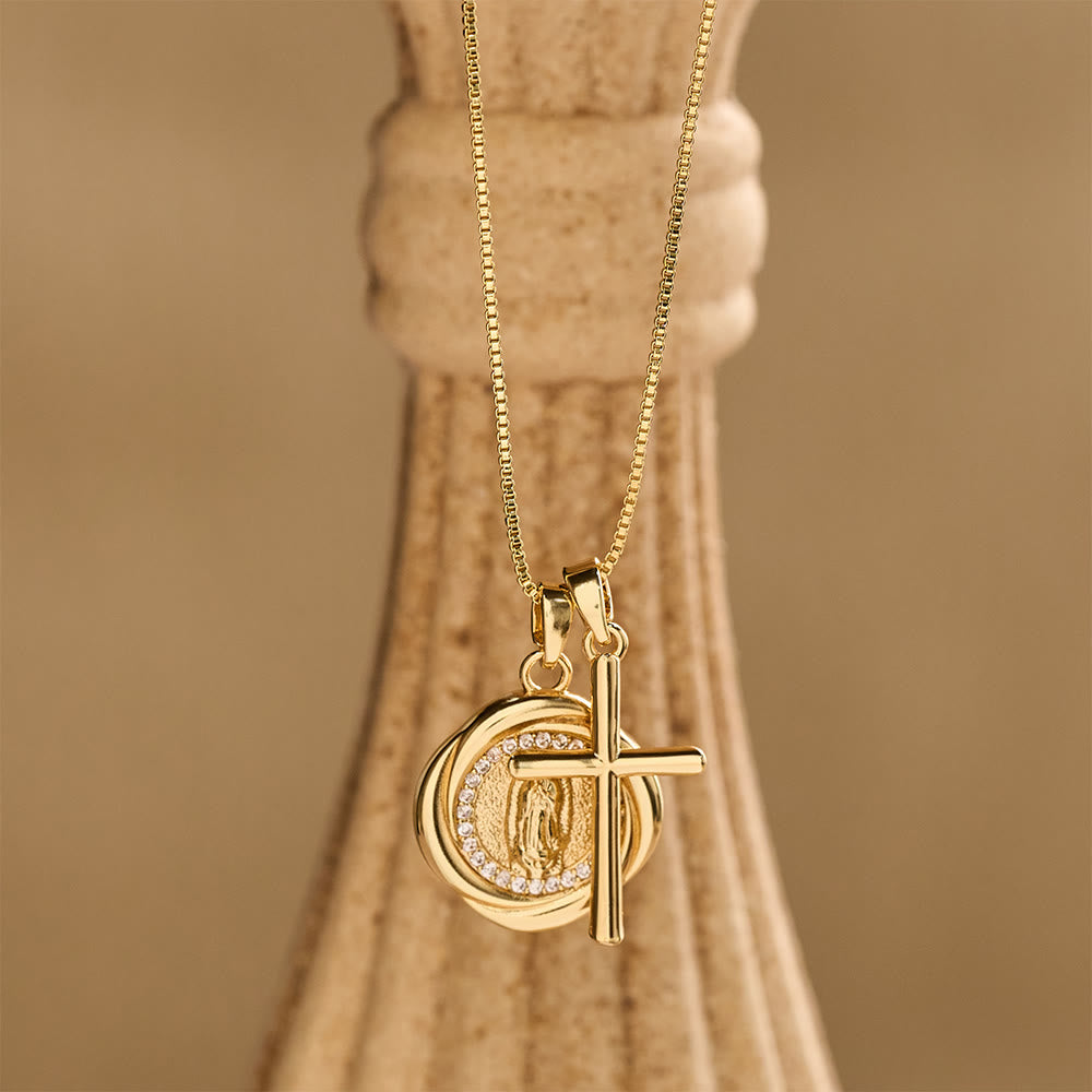 Christianartworkshop Double Pendant Necklace with Zircon-Encircled Our Lady Medallion & Polished Cross Charm - image 1